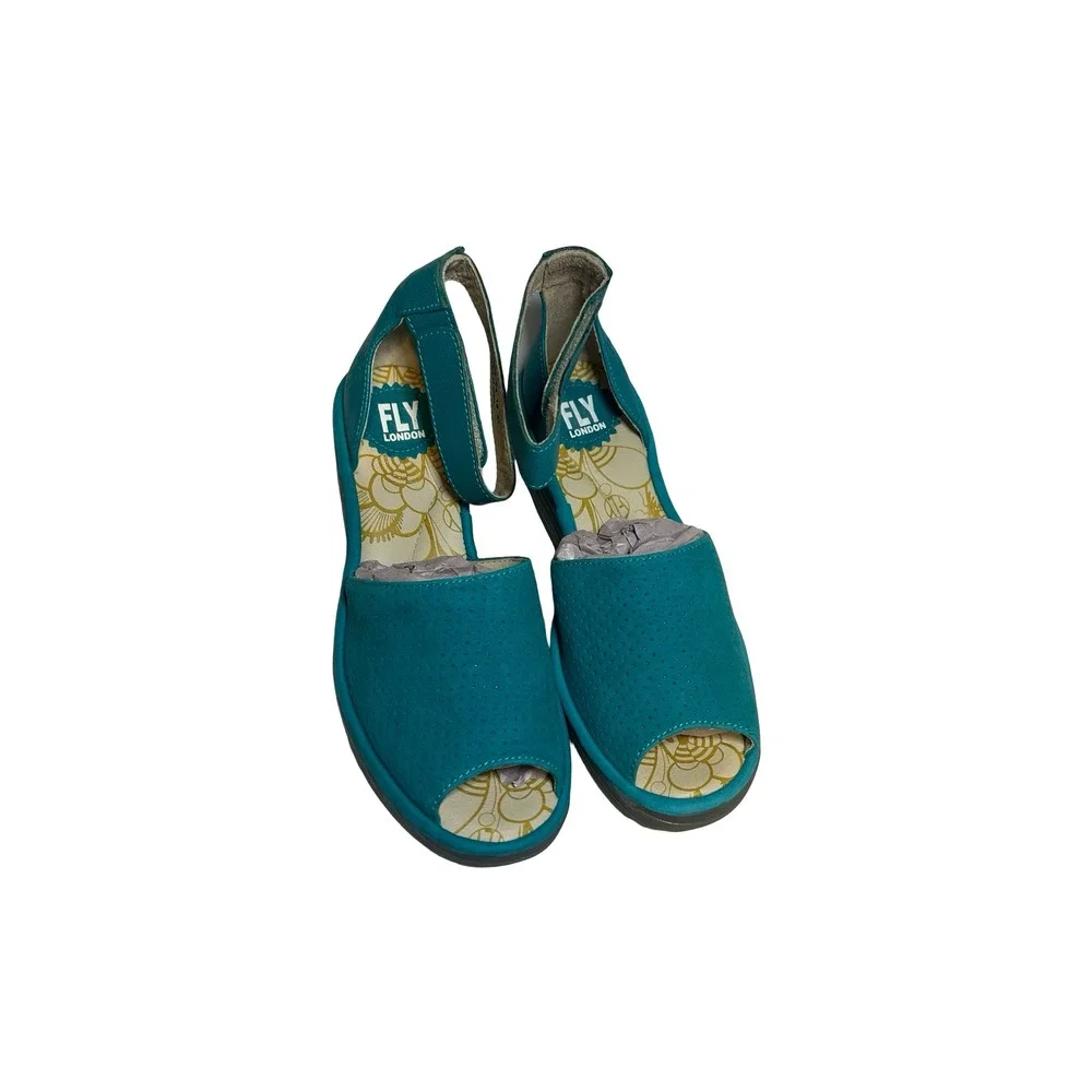 Fly London Yall Teal Leather Wedge Sandals Peep Toe Ankle Strap Womens 37 NEW